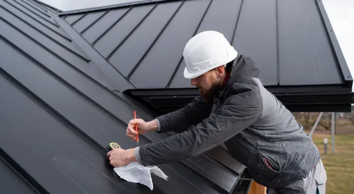 A Derby Roofers contractor fitting a metal roof panel